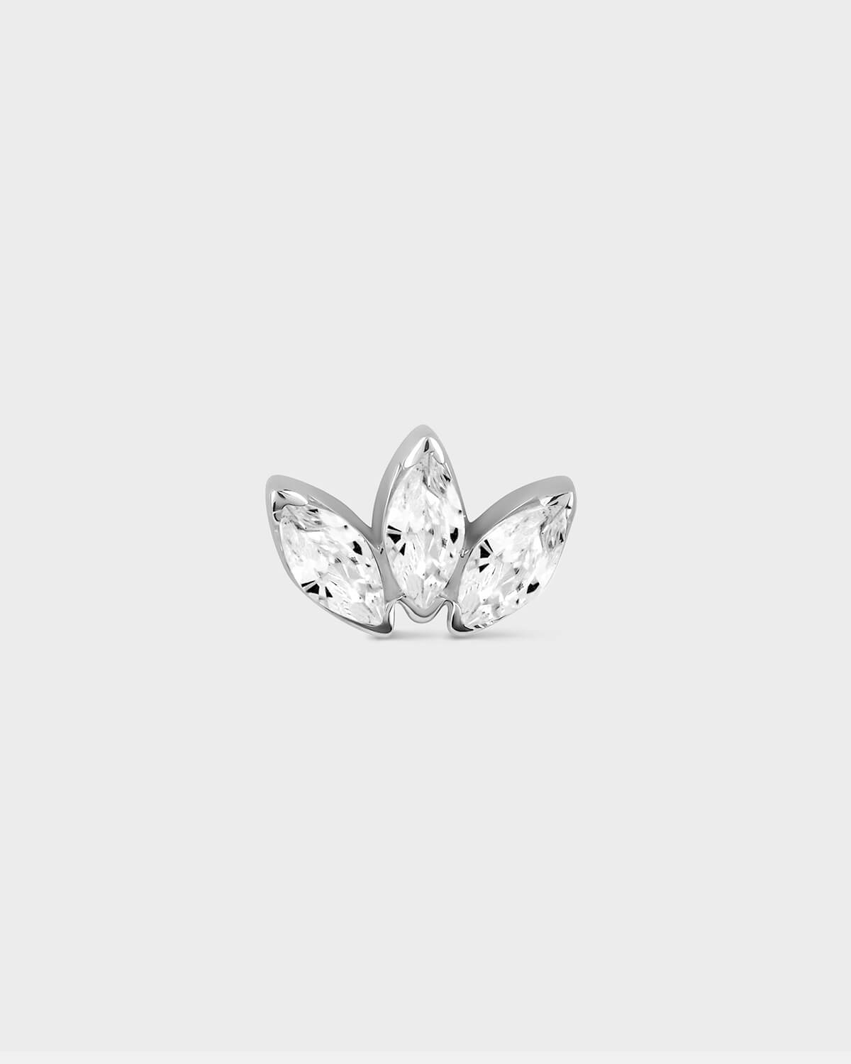 White gold butterfly-shaped earring with clear gemstones on a light gray background