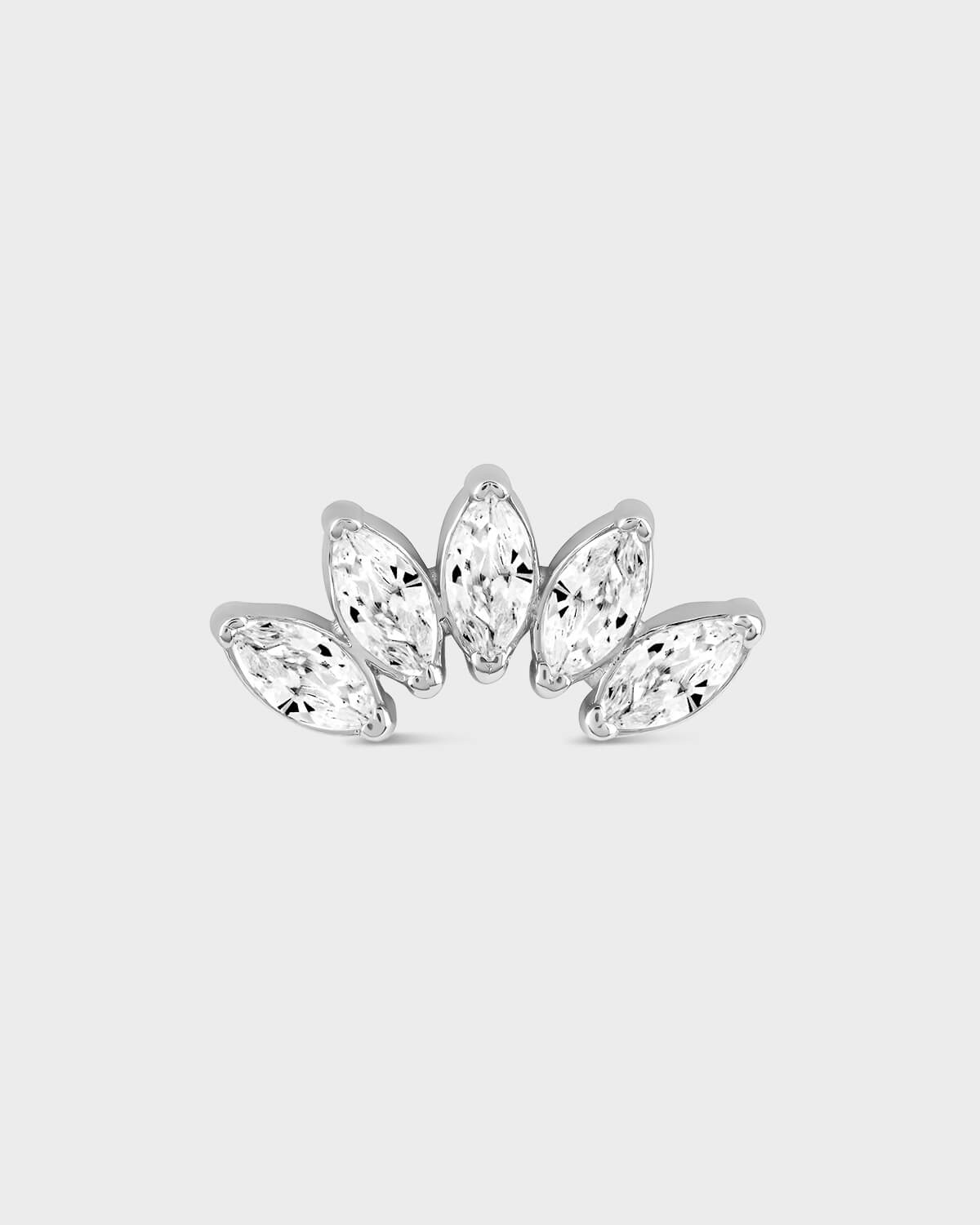 White gold earring with five marquise gems on a light gray background