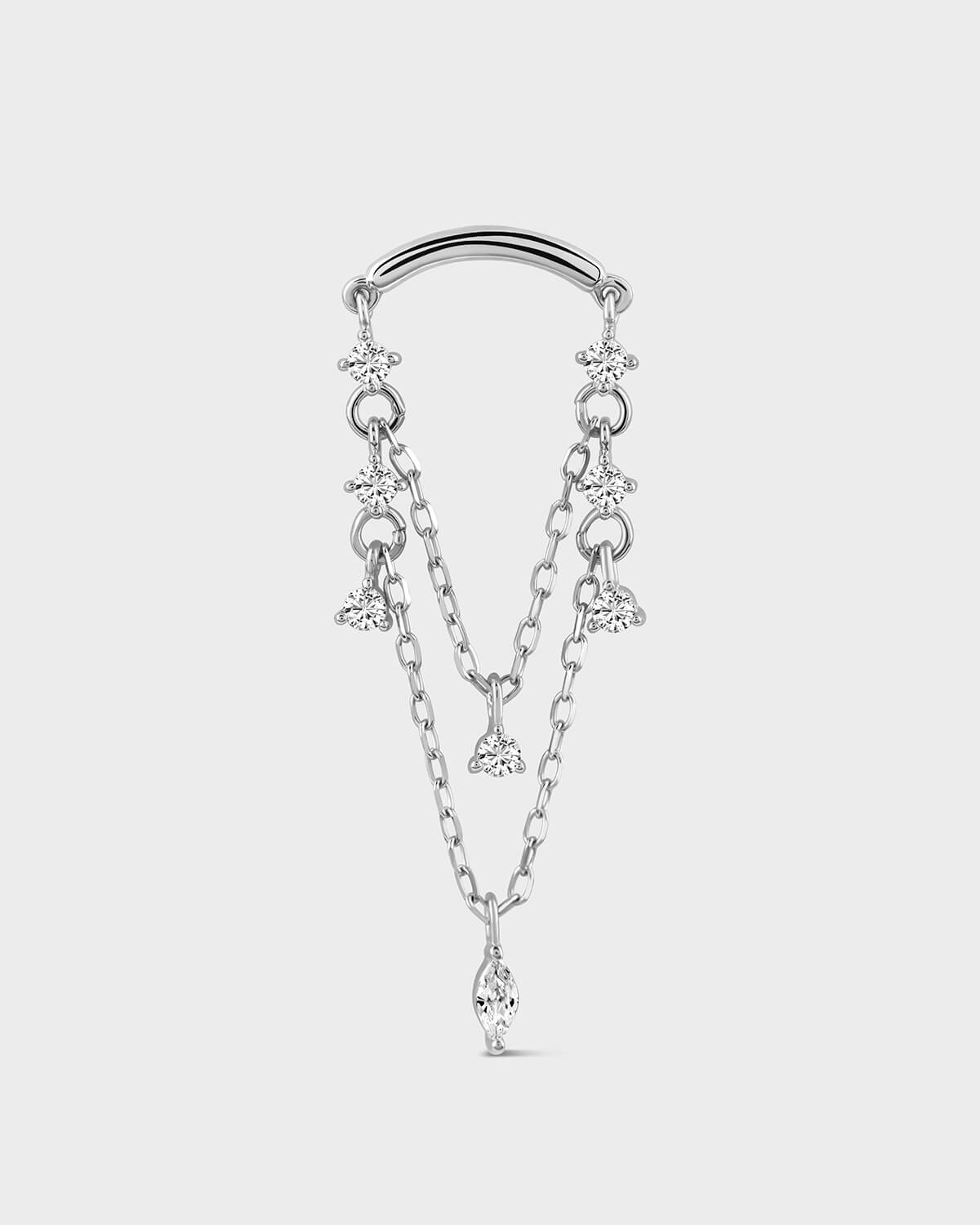 White Gold hidden helix jewellery with double chain and diamond-like stones on a light gray background