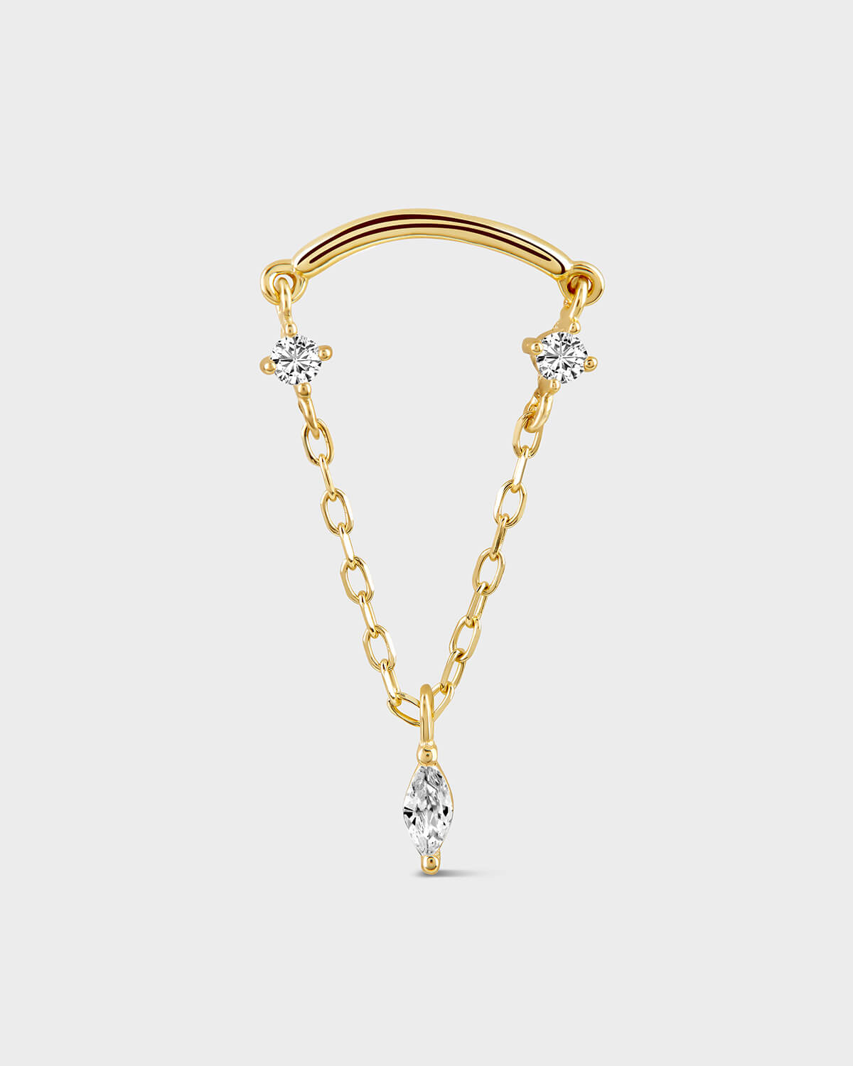 Hidden helix jewellery with 2 round getms and a marquise drop on a light gray bacground