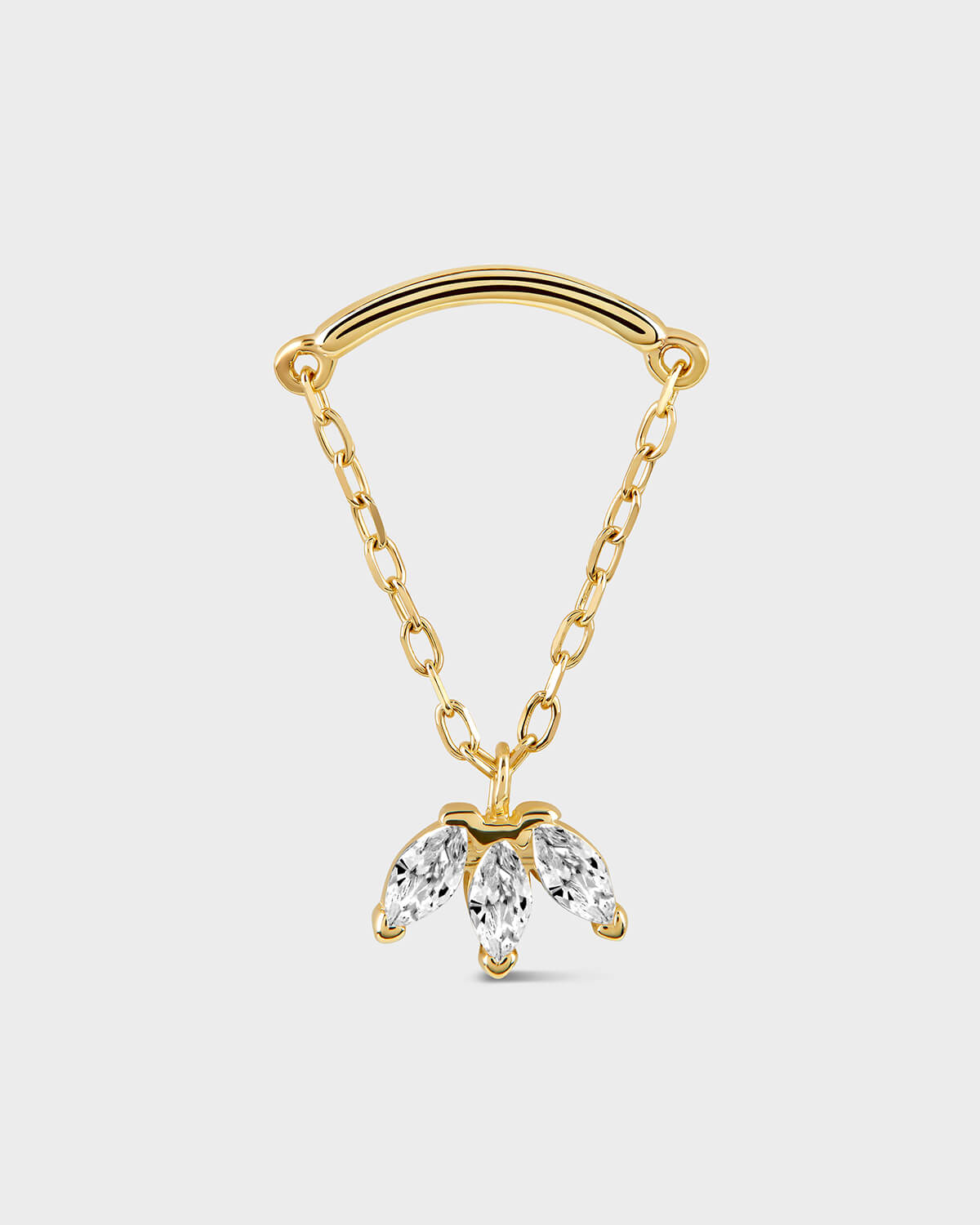 Gold hidden helix bar with with a chain and triple marquise pendant on a light gray background