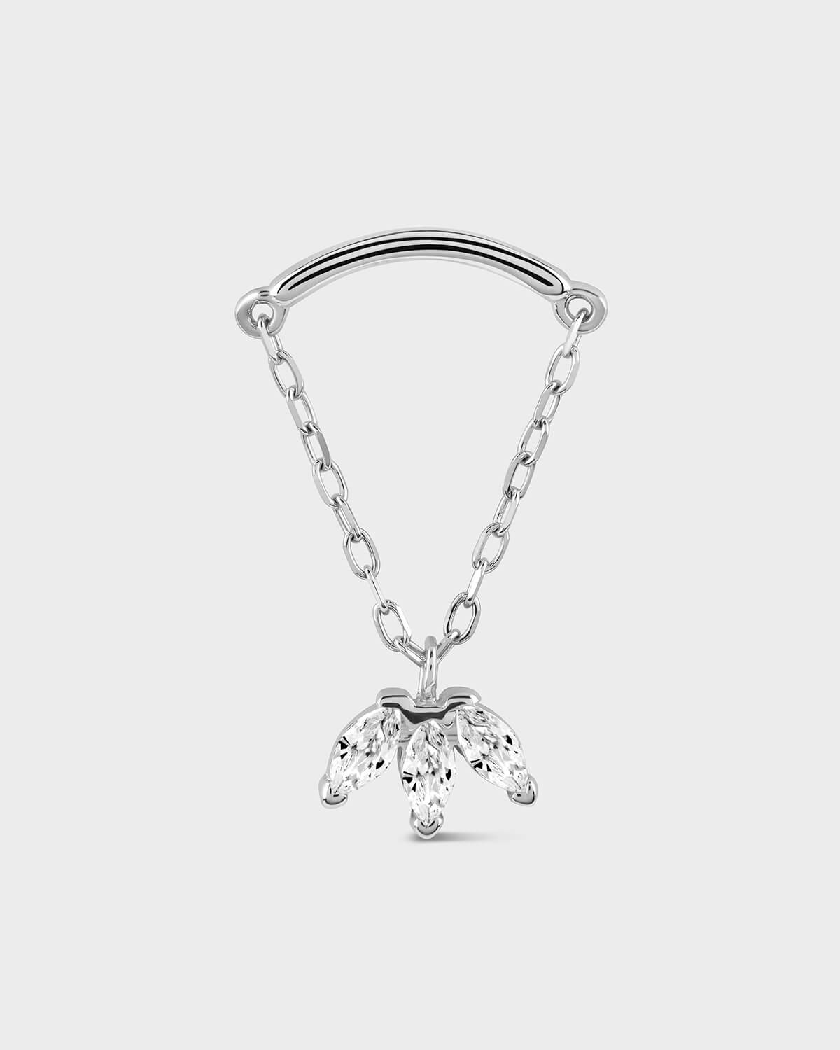 White gold hidden helix bar with with a chain and triple marquise pendant on a light gray background